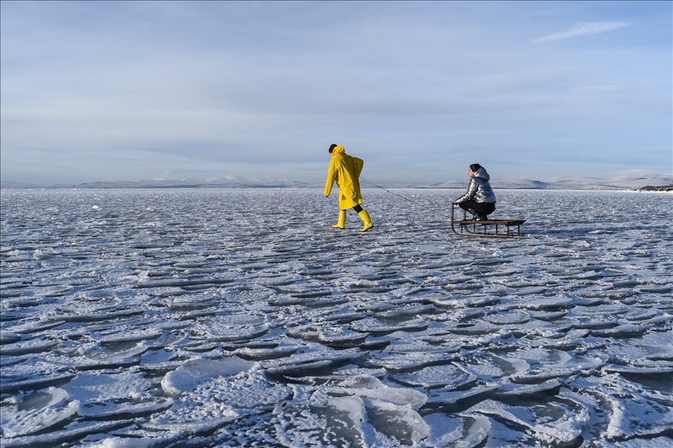 People enjoy winter at Lake Cildir