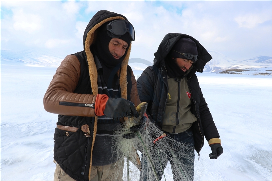 Köylülerin buzla kaplı 2 bin 241 rakımlı gölde zorlu balık avı