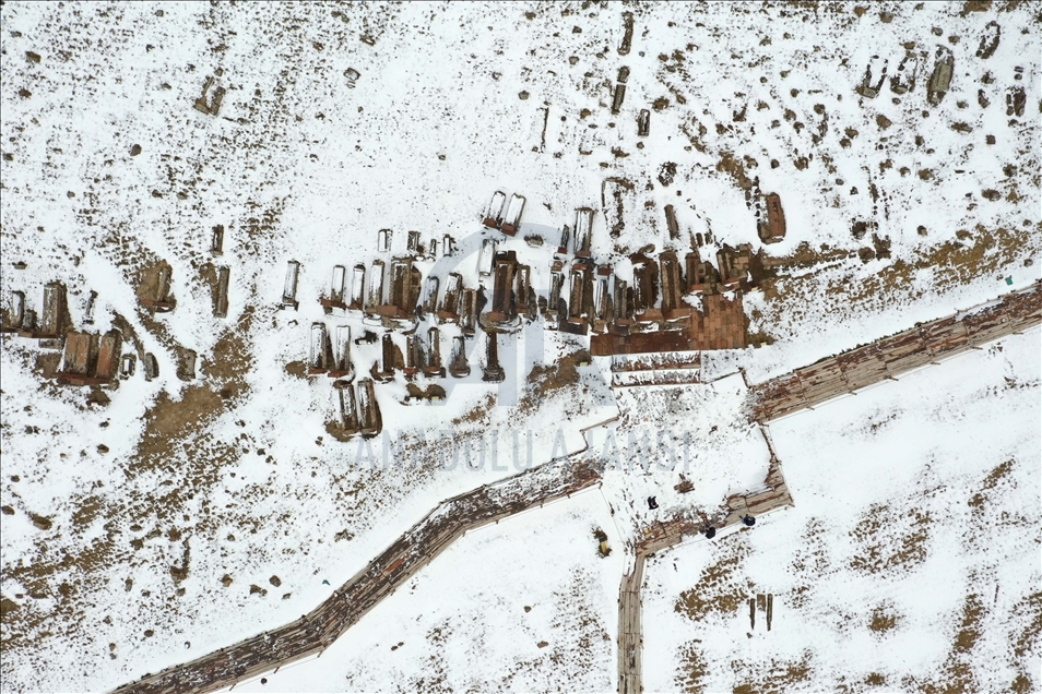 Winter views of the Tombstones of Ahlat the Urartian and Ottoman citadel