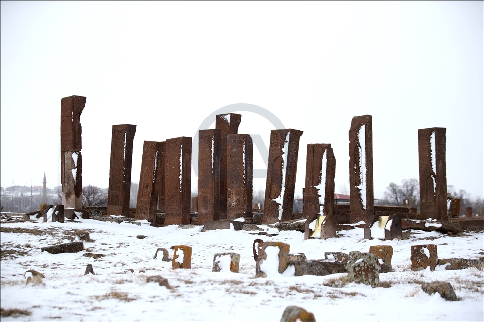 Winter views of the Tombstones of Ahlat the Urartian and Ottoman citadel