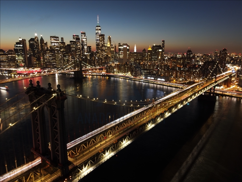 Aerial view of New York City at night  
