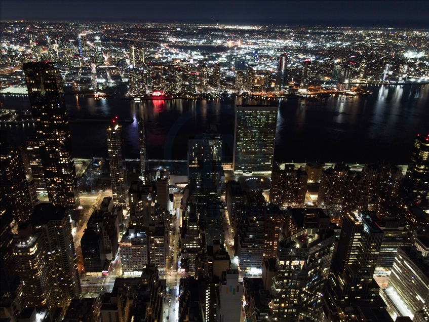 Aerial view of New York City at night  