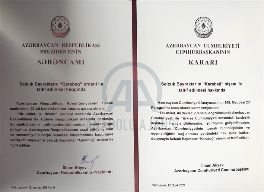 رئیس جمهور آذربایجان به سلجوق بایراکتار «نشان قرهباغ» اعطا کرد