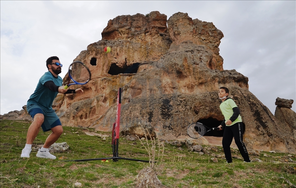 Playing tennis in ancient areas of Turkey's Kutahya