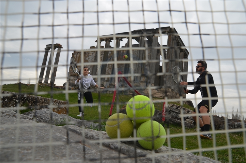 Playing tennis in ancient areas of Turkey's Kutahya