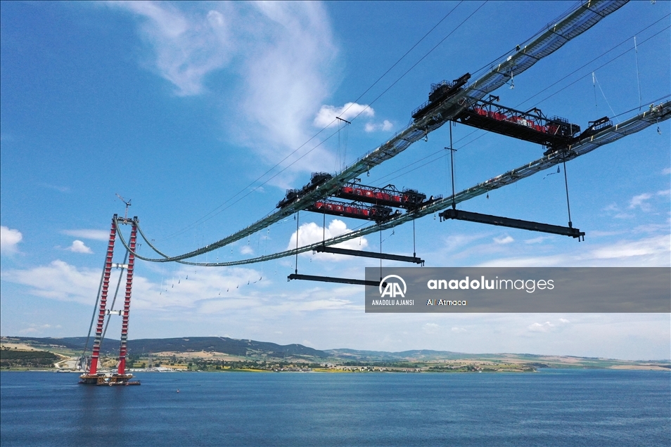 1915 Çanakkale Köprüsü inşaatında askı halatlarının montajına başlandı