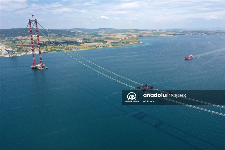 1915 Çanakkale Köprüsü inşaatında askı halatlarının montajına başlandı