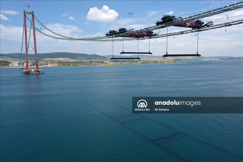 1915 Çanakkale Köprüsü inşaatında askı halatlarının montajına başlandı