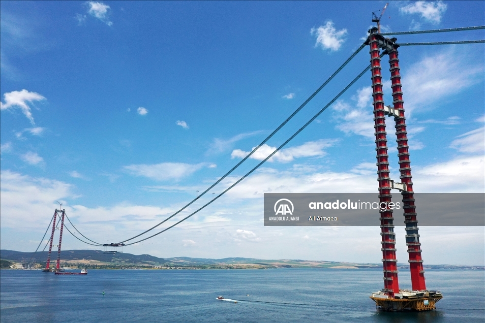 1915 Çanakkale Köprüsü inşaatında askı halatlarının montajına başlandı
