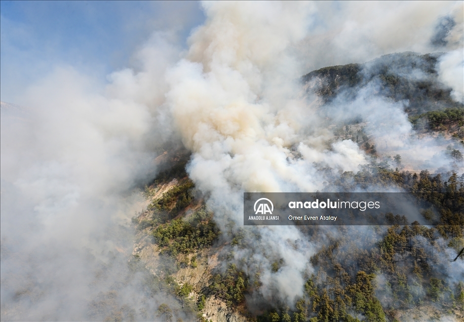 AA ekibi yangın söndürme çalışmalarını havadan görüntüledi