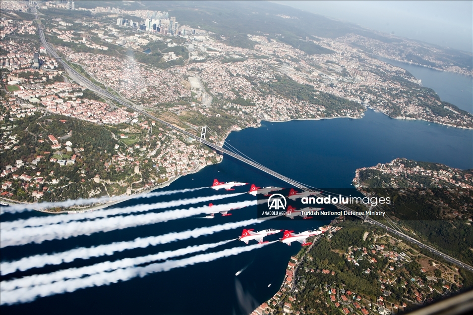 Turkish and Azerbaijani planes fly over Bosphorus