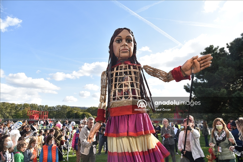 'Little Amal', the symbol puppet for refugee children, arrives in France