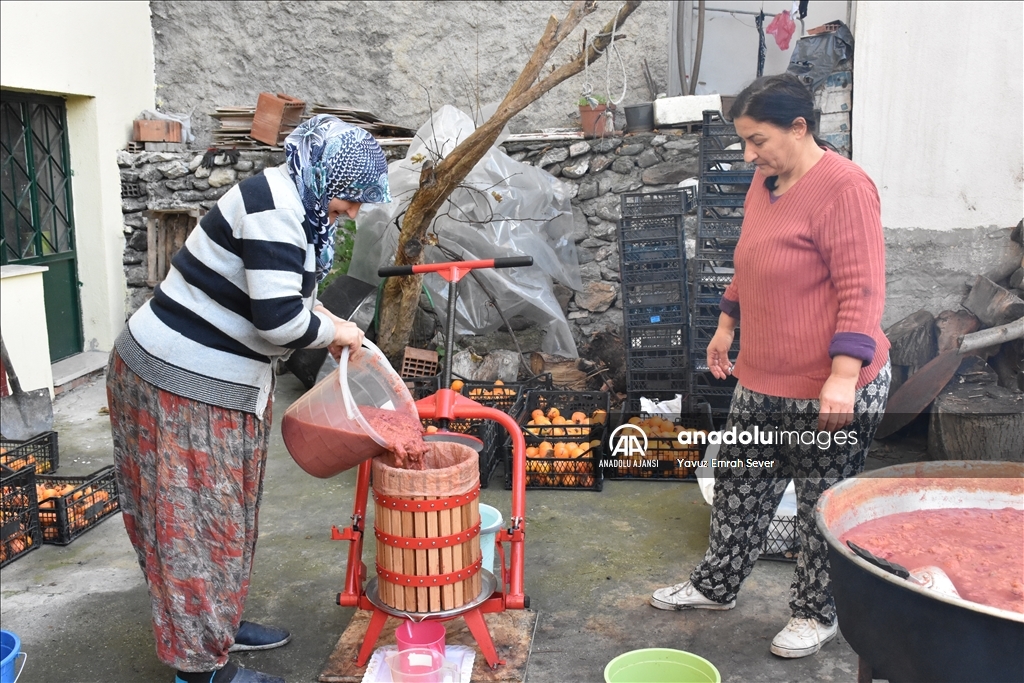 Bilecikli kadınlar elde kalan hurmaları pekmeze dönüştürüyor