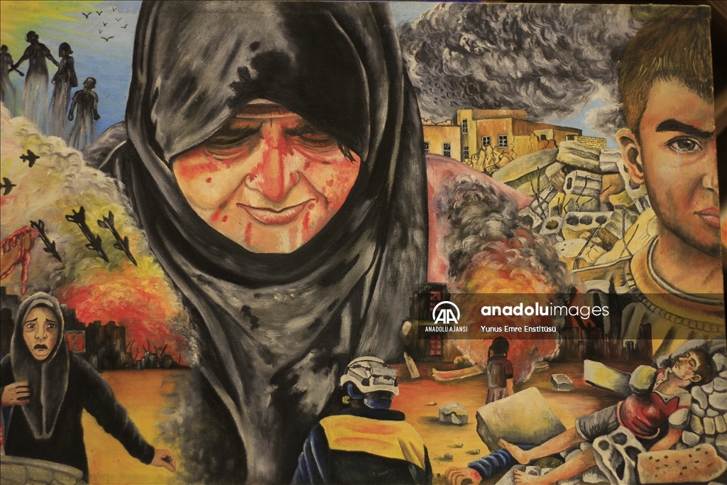 Azez YEE tarafından Suriye'de "Engelleri Sanatla Aşarız" resim sergisi açıldı
