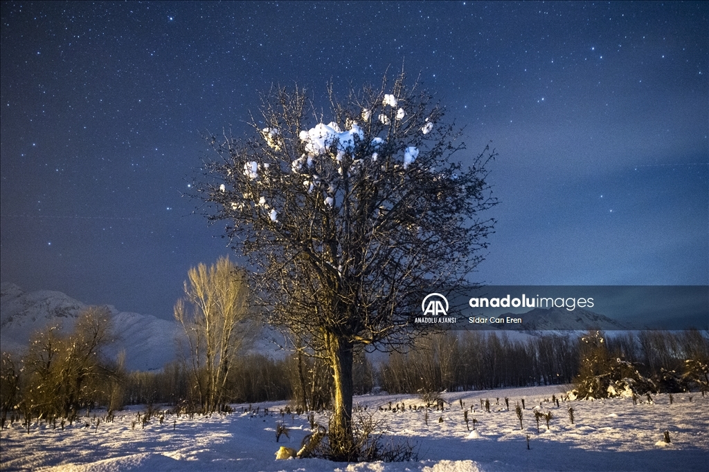 Beyaz örtüyle kaplanan Ovacık'ta gece güzelliği