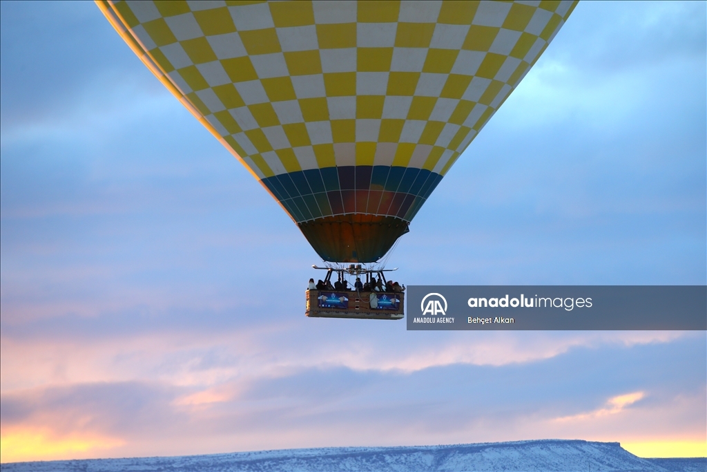 Hot air balloon rides after snowfall in Cappadocia