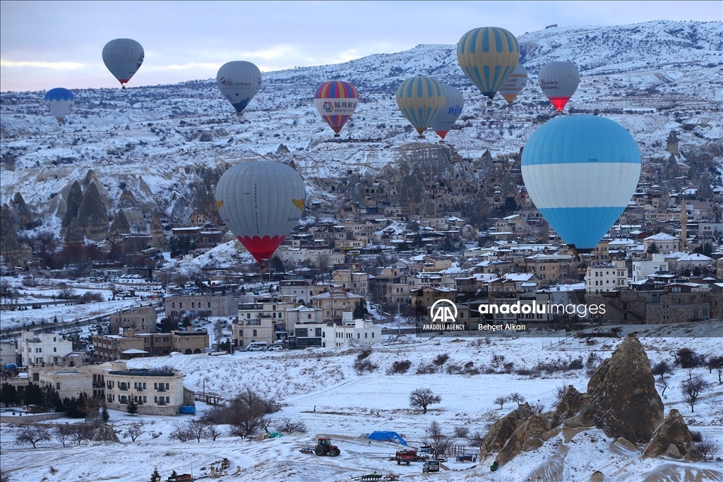 Hot air balloon rides after snowfall in Cappadocia