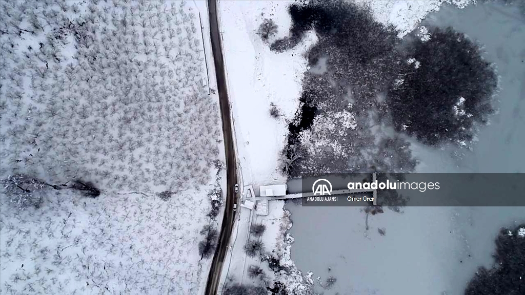 Efteni Gölü Kuş Cenneti'nde kar manzarası havadan görüntülendi