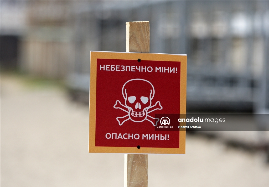 Boards saying "Dangerous mines" on a beach in Odessa