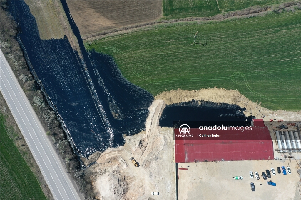 Edirne'de şantiye havuzundan sızan asfalt tarım alanına yayıldı