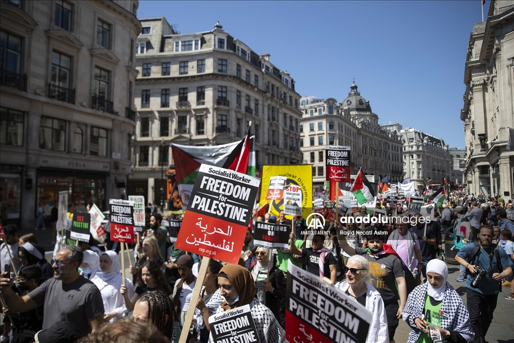 مظاهرة مناهضة لإسرائيل بالعاصمة البريطانية لندن، في إطار الذكرى 74 للنكبة الفلسطينية