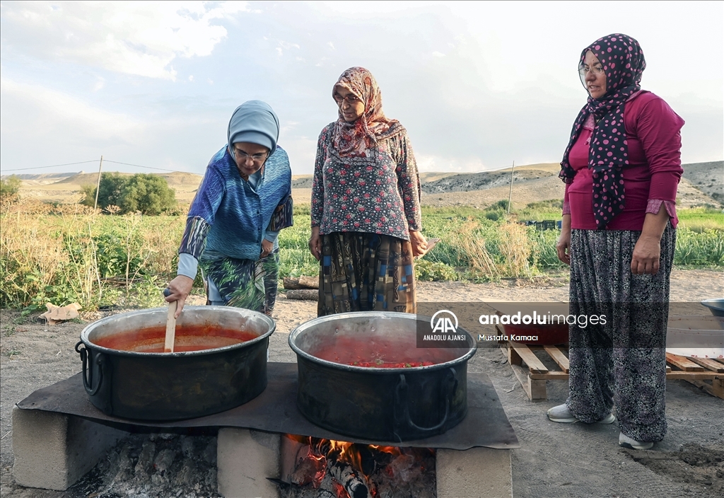 Emine Erdoğan, Ayaş'ta çiftçi kadınlarla tarladan domates topladı, kışlık menemen yaptı: