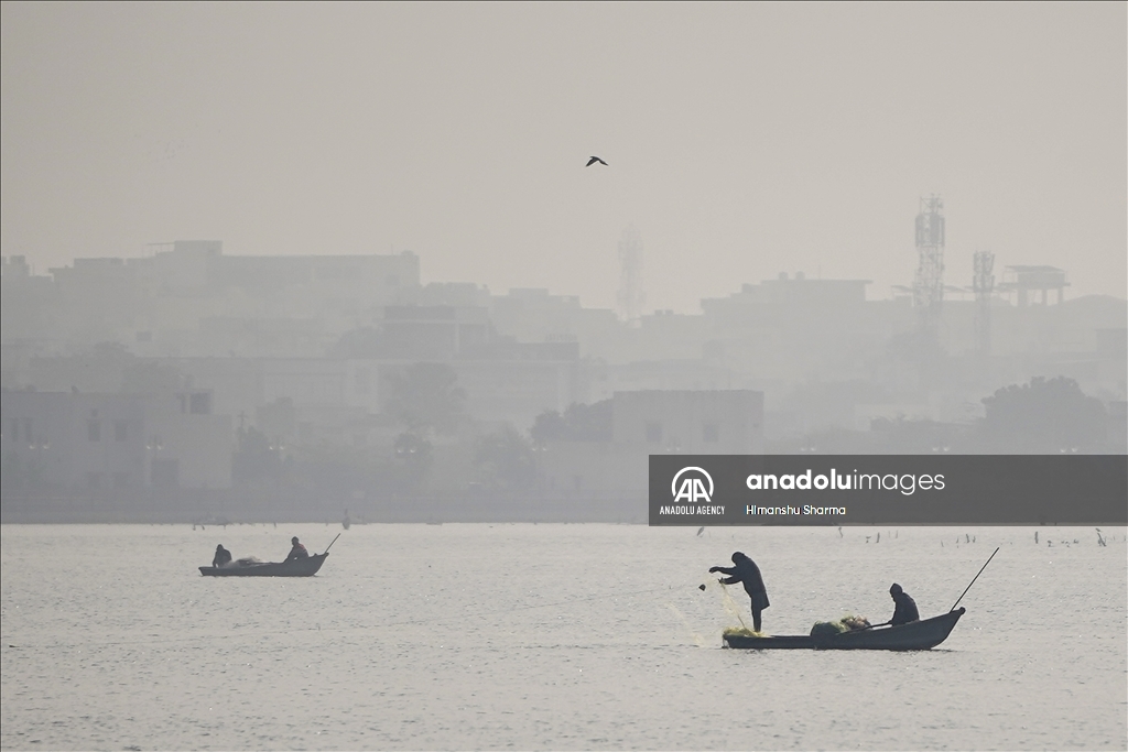 Fishermen struggle to hunt in the lake on a foggy and cold winter morning in Ajmer, Rajasthan, India