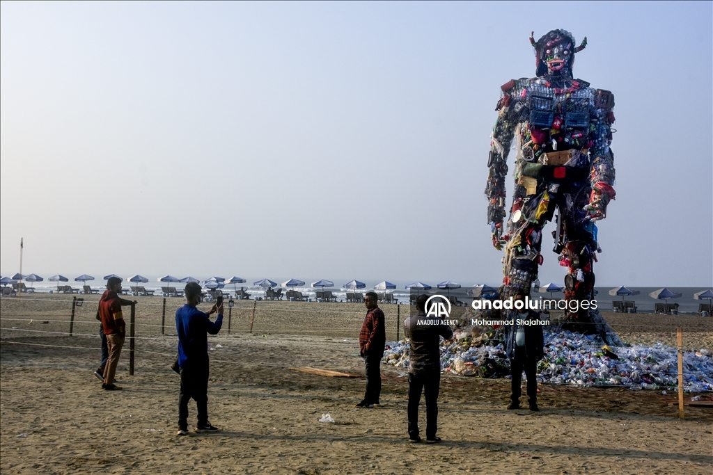 42 feet monster made of plastic waste on Cox's Bazar beach in Bangladesh