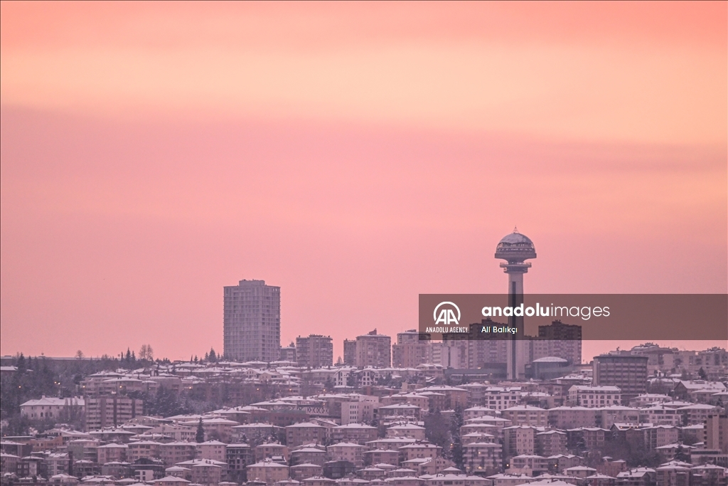 A cotton-candy sky covers Anitkabir, the mausoleum of Turkish Republic founder Mustafa Kemal Ataturk, in the early morning light, right after snowfall in the capital Ankara