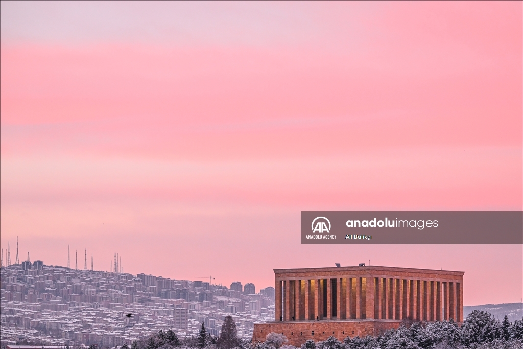 A cotton-candy sky covers Anitkabir, the mausoleum of Turkish Republic founder Mustafa Kemal Ataturk, in the early morning light, right after snowfall in the capital Ankara