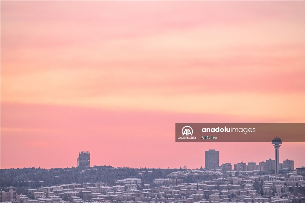 A cotton-candy sky covers Anitkabir, the mausoleum of Turkish Republic founder Mustafa Kemal Ataturk, in the early morning light, right after snowfall in the capital Ankara