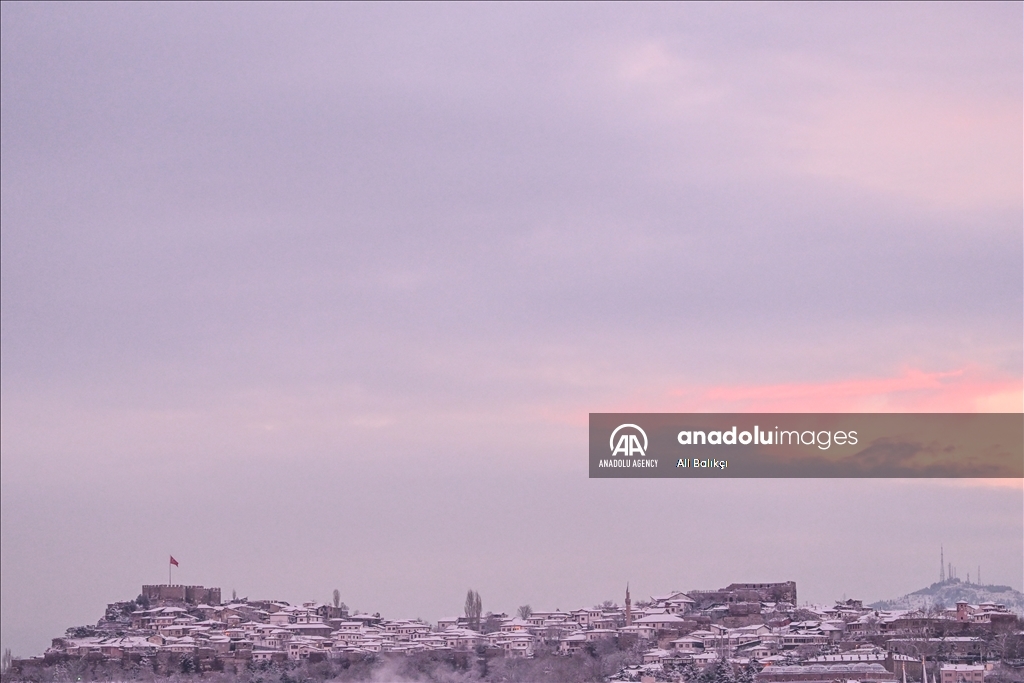 A cotton-candy sky covers Anitkabir, the mausoleum of Turkish Republic founder Mustafa Kemal Ataturk, in the early morning light, right after snowfall in the capital Ankara