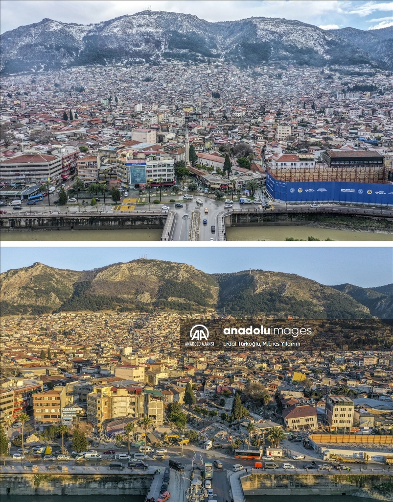 Deprem öncesi ve sonrası fotoğraflar, yıkımın boyutunu gösteriyor