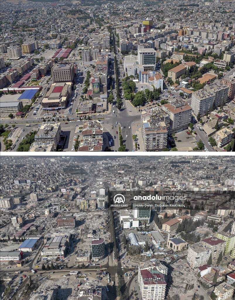 Deprem öncesi ve sonrası fotoğraflar, yıkımın boyutunu gösteriyor
