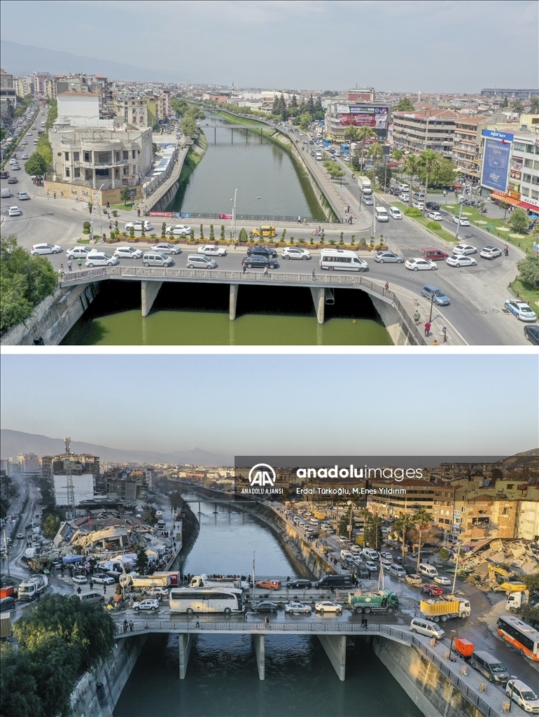 Deprem öncesi ve sonrası fotoğraflar, yıkımın boyutunu gösteriyor