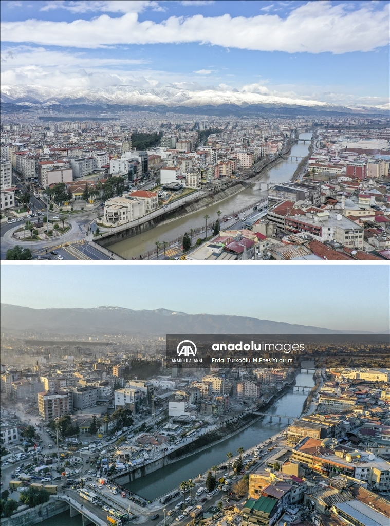 Deprem öncesi ve sonrası fotoğraflar, yıkımın boyutunu gösteriyor