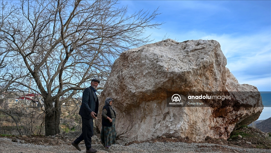 Massive stone rolled from the mountain being tangent to Alidam village in Adiyaman