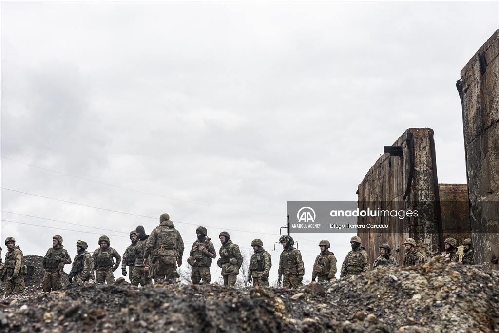 Ukrainian soldiers during training on the frontline at Donetsk, Oblast