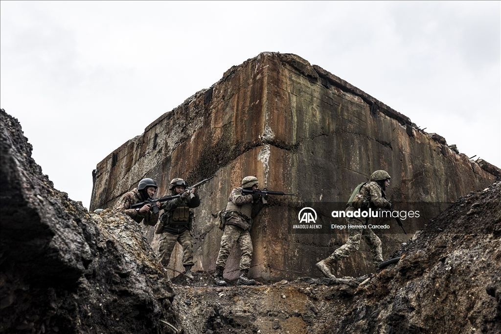 Ukrainian soldiers during training on the frontline at Donetsk, Oblast