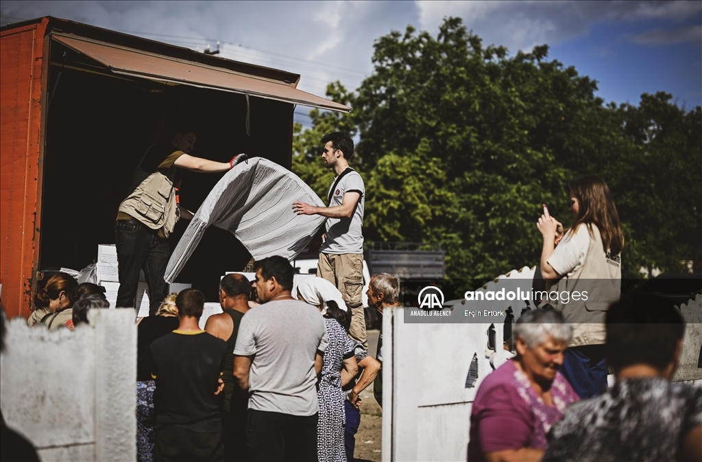 Houses affected by flooding in Ukraine's village of Pavlivka