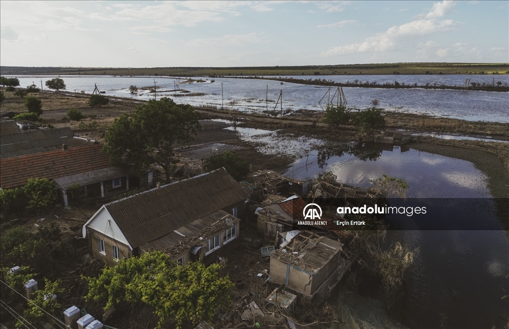 Houses affected by flooding in Ukraine's village of Vasylivka