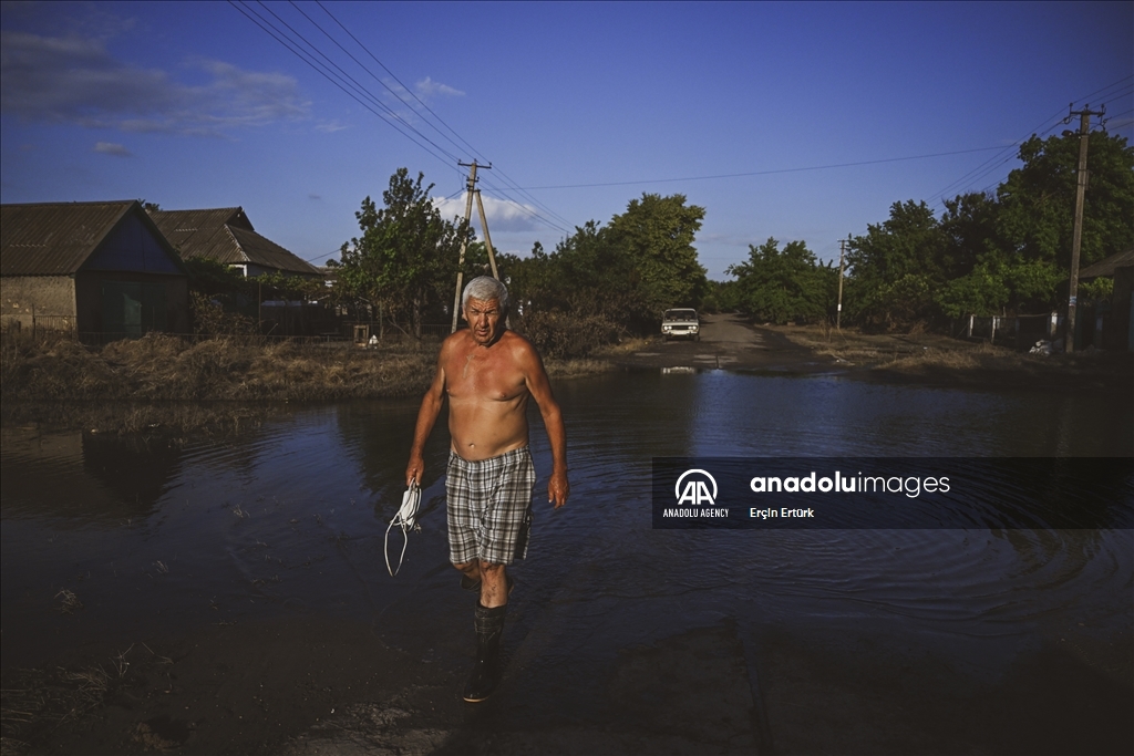 Houses affected by flooding in Ukraine's village of Vasylivka