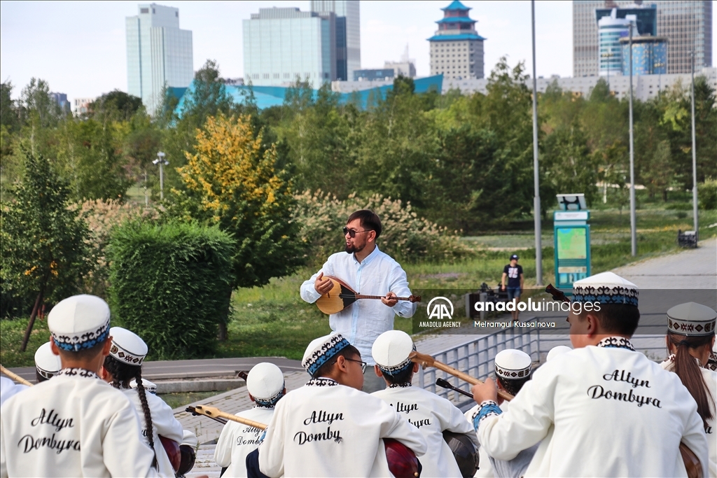 Kazakh singer and music teacher Ibragim Eskendir gives dombra lessons in Astana
