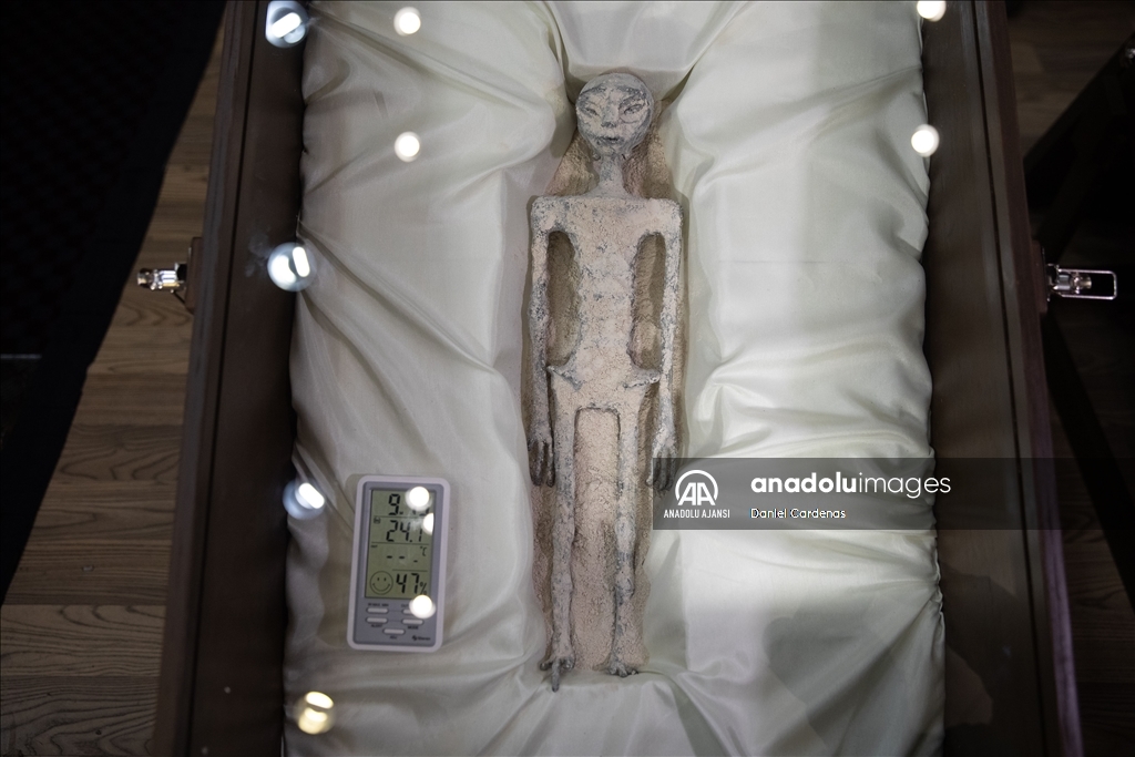 Jamia Maussan uzaylılara ait olduğunu iddia ettiği fosillerle ilgili Meksika City'de basın açıklamasında bulundu