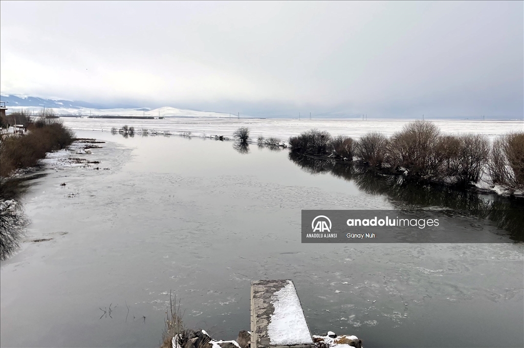 Ardahan'da soğuk hava nedeniyle Kura Nehri'nin yüzeyinde buz tabakası oluştu