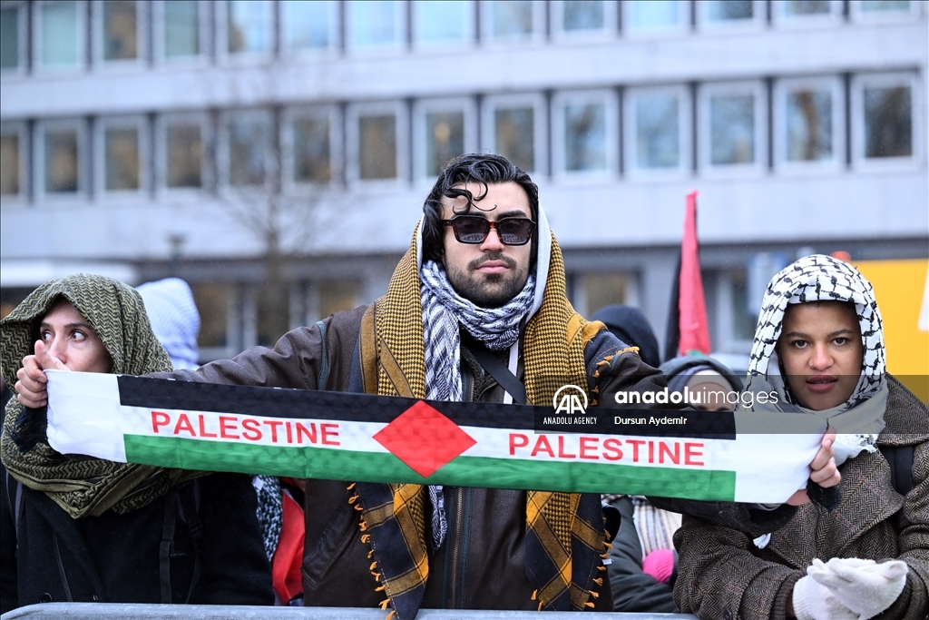 Palestine supporters demonstrate in front of the International Court of Justice in The Hague