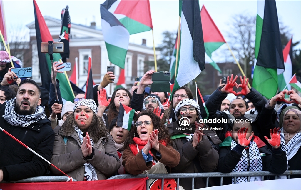 Palestine supporters demonstrate in front of the International Court of Justice in The Hague