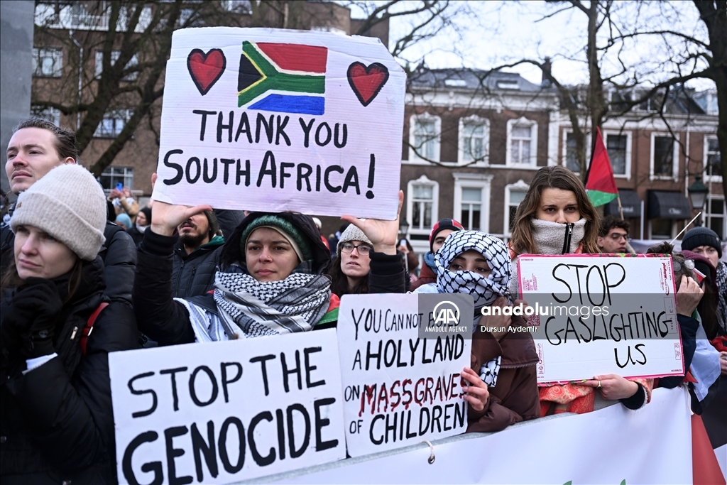 Palestine supporters demonstrate in front of the International Court of Justice in The Hague