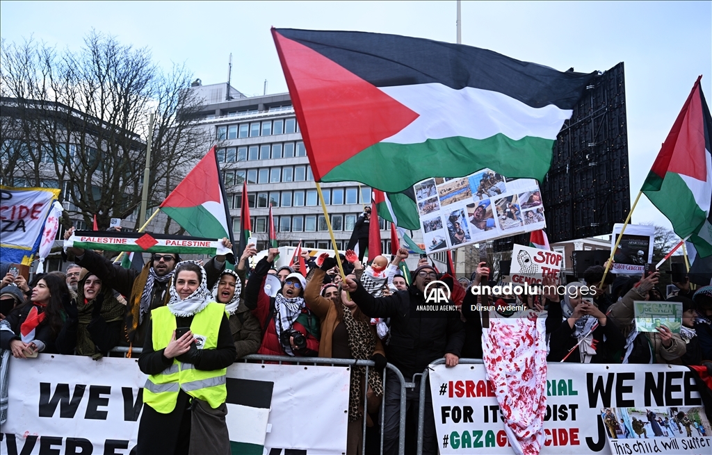 Palestine supporters demonstrate in front of the International Court of ...