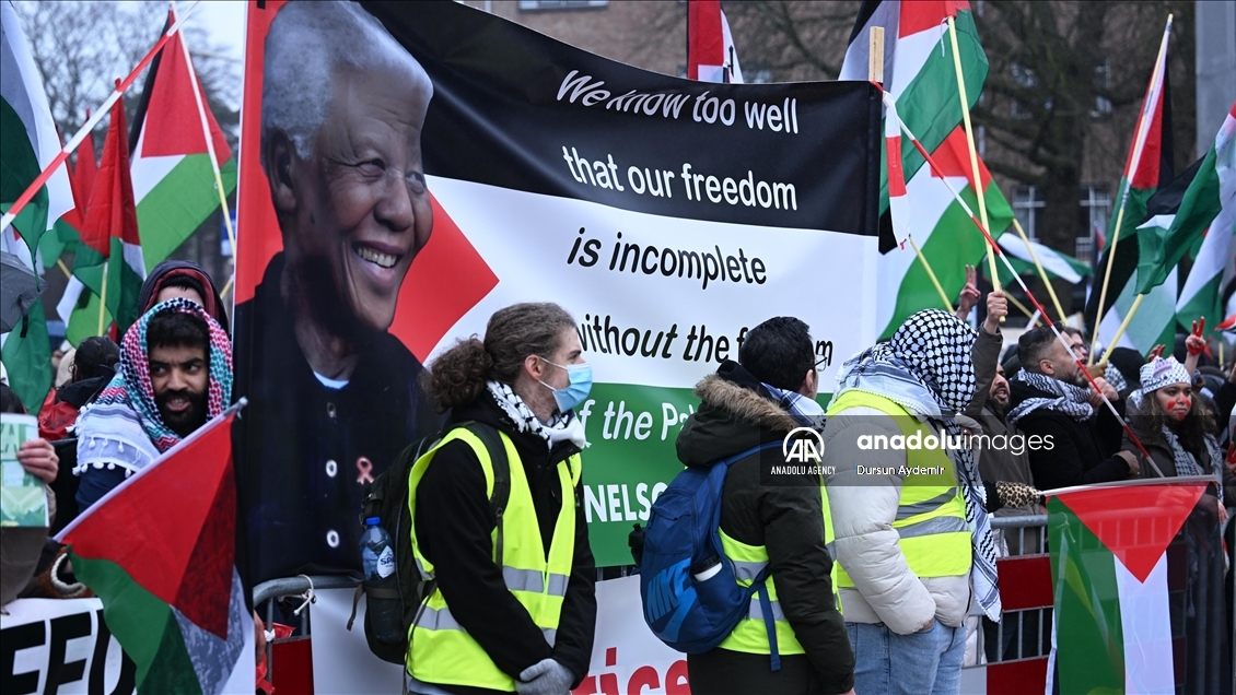 Palestine supporters demonstrate in front of the International Court of Justice in The Hague